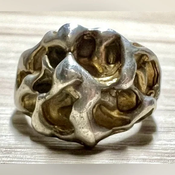Vintage Designer Hallmarked Sterling Silver & Gold Brutalist Ring, Size 6